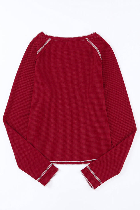 Grand Slam Style Baseball Print Waffle Knit Raglan Sleeve Top